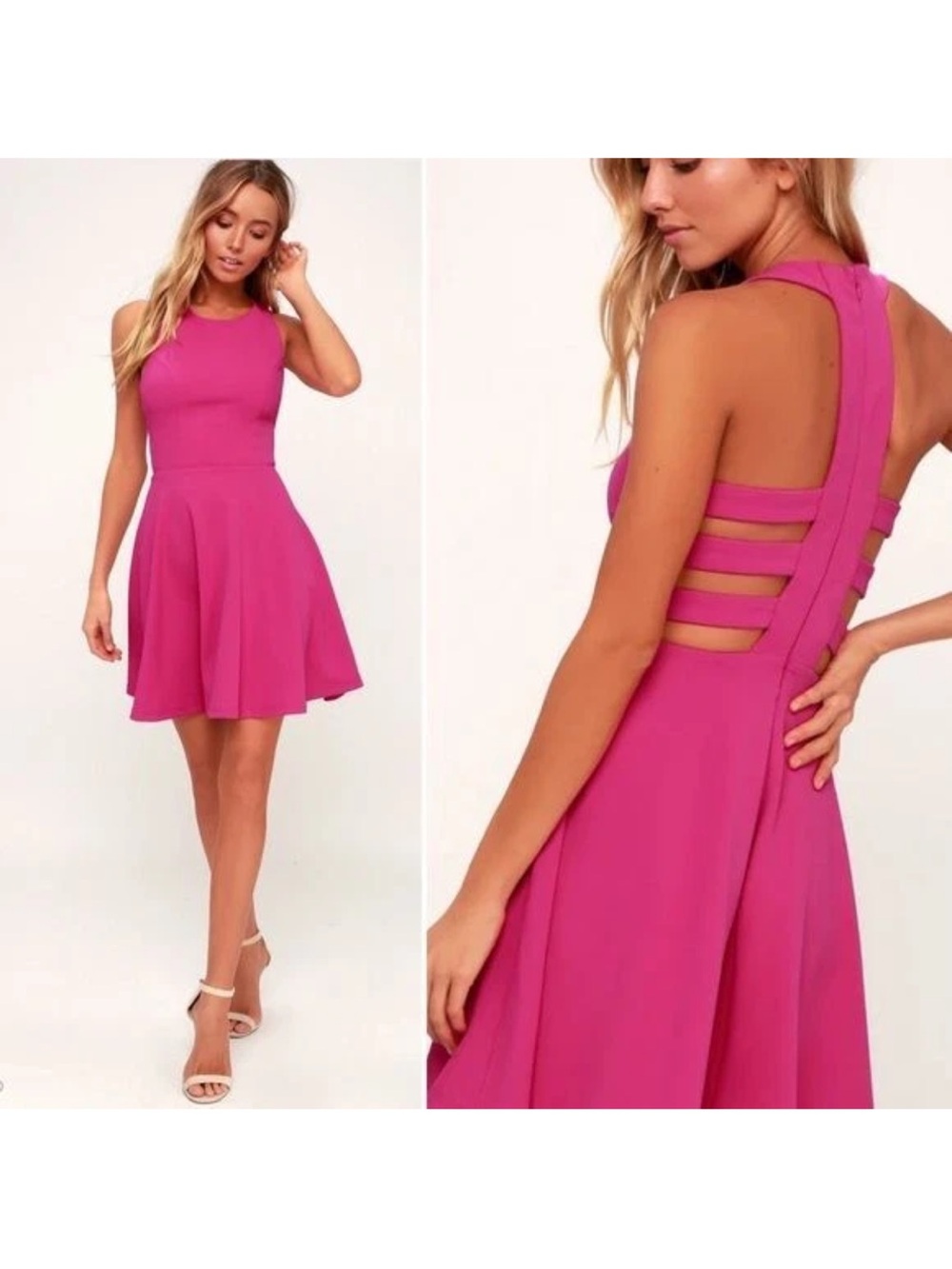 Lulus Call Back Fuchsia Pink Backless fit and flare Skater mini Dress size S - Picture 11 of 12
